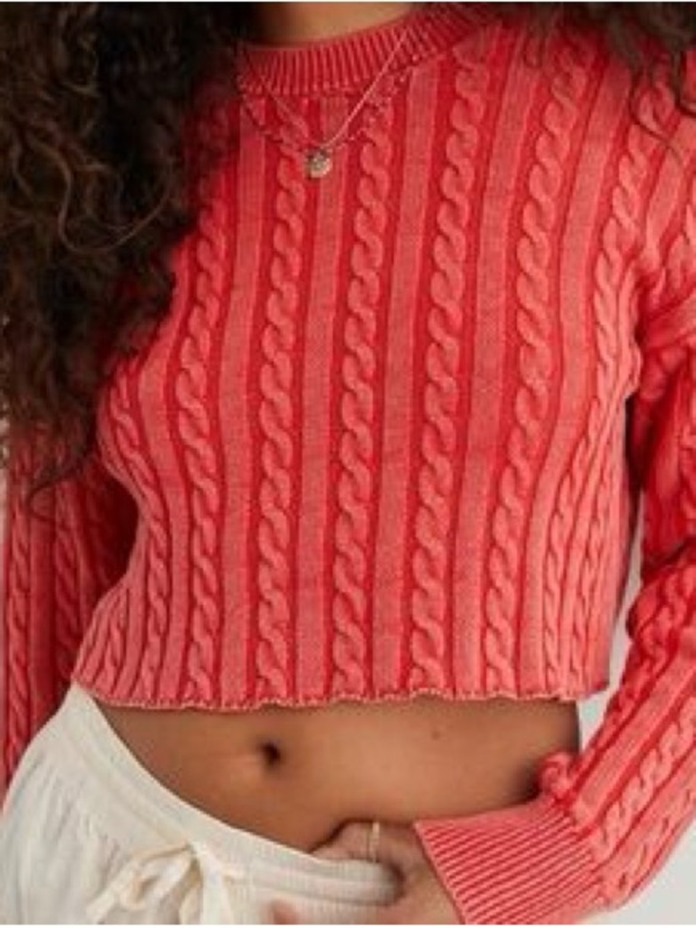 Aerie Cropped Cable Knit Sweater Red
